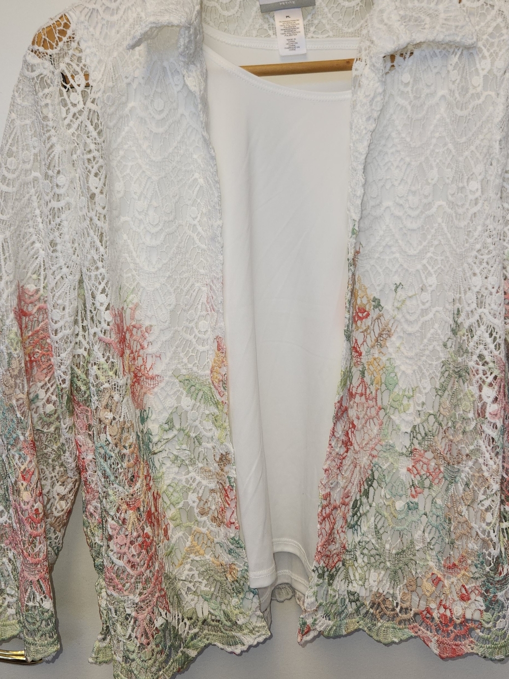 🩵🩷💚🤍Alfred Dunner White Crochet Lace Open Front Cardigan W/TankTop. Size PL - Picture 2 of 12